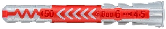 Eén fischer DuoPower plug 6x50mm, grijs met rode strepen en de tekst 'Duo 6 4-5'.