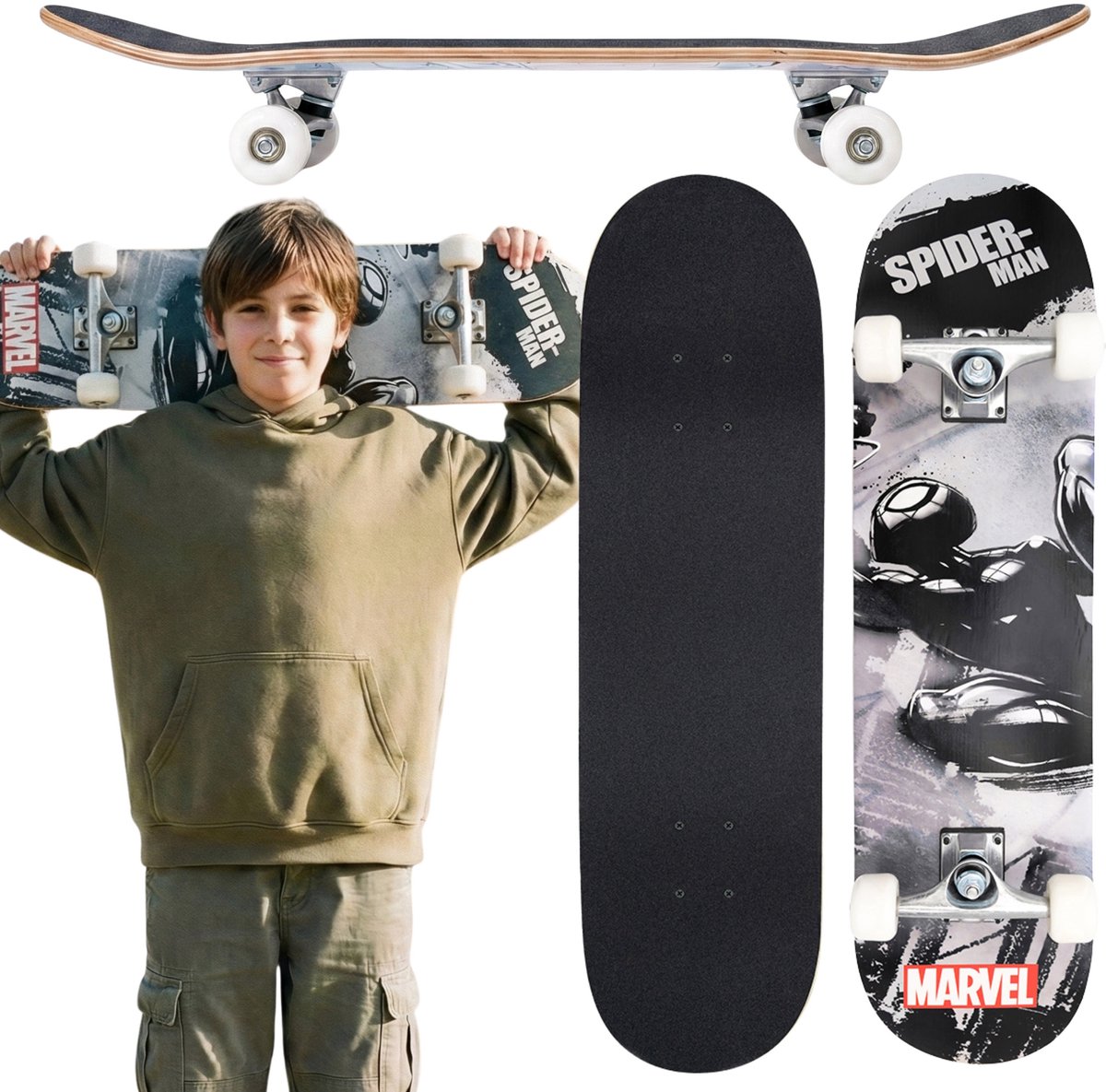 MARVEL Spider-Man Houten skateboard voor jongeren groot 79 cm antislipboard stabiel tot 80 kg Grijs