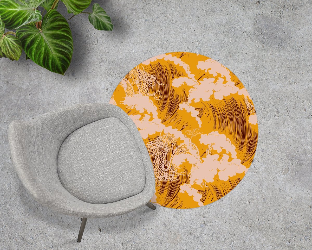 Coloray Vloerbeschermer - Gele Japanse golven Stoel Mat - 100x100 cm - Geel Vloerbeschermer Harde Vloer - Motif Vloerbeschermer - Mótif Vloerbeschermer - Ronde Mat - Landschappen Thema