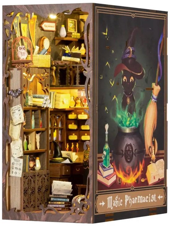 Boekenkast miniatuur met een zwarte kat, toverketel en bezem. 'Magic Pharmacist'.