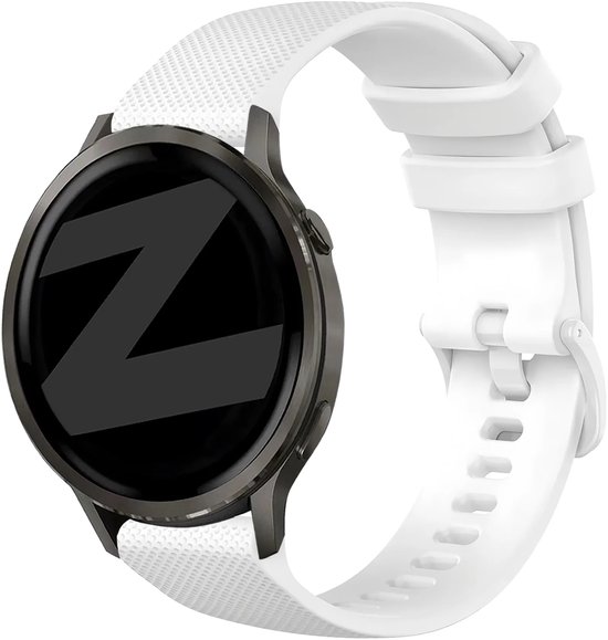 Grijze smartwatch met witte siliconen band en gestructureerd oppervlak.