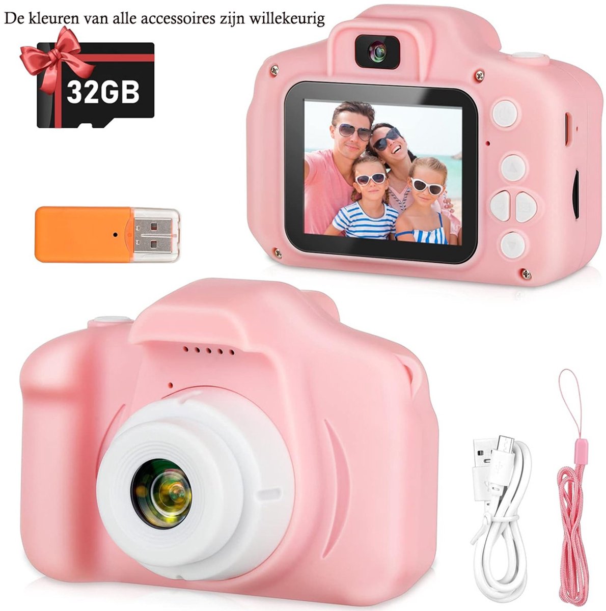 Kindercamera, HD digitale videocamera, speelgoed voor jongens en meisjes van 3, 4, 5, 6, 7, 8 en 9 jaar, selfiecamera voor kinderen, verjaardagscadeau met 32GB SD-kaart (roze)