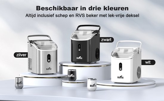 Bardi ijsblokjesmachines in zilver, zwart en wit, met RVS bekers.