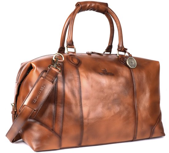 DE LAMASSU® (Rafael) reistas van echt leer – unisex weekender 50 × 35 × 28 cm – verstelbare schouderriem, uitbreidbaar met zijdelingse gespen, beschermvoetjes, cadeauverpakking