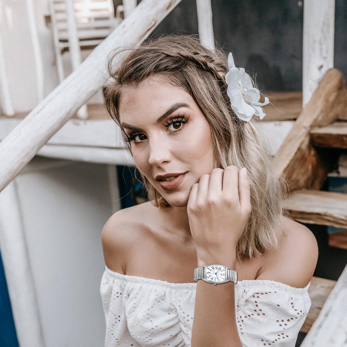 Rechthoekig Dameshorloge met Stretchband - Analoog Kwarts Horloge