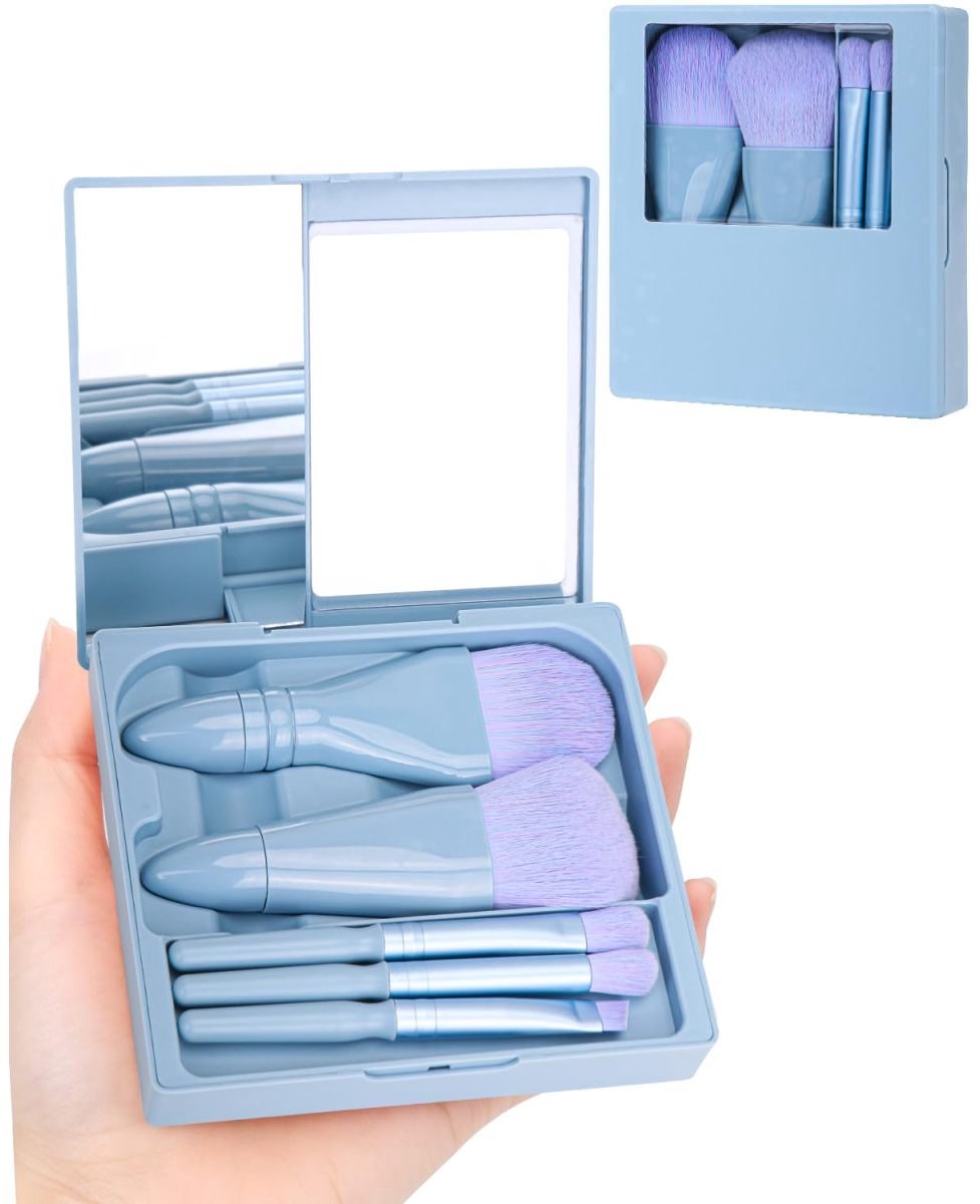 QTTVBTNA – Reis Make-up Kwasten Set 5-delig – Mini Make-up Borstels met Hard Etui en Ingebouwde Spiegel – Compact & Lichtgewicht – Handig voor Onderweg, Vakantie en Dagelijks Gebruik – Ideaal als Cadeau voor Vrouwen en Meisjes – Hemelsblauw