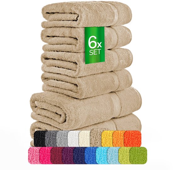 Pile de 6 serviettes taupe avec étiquette verte "6x SET". Sélection de couleurs en bas.