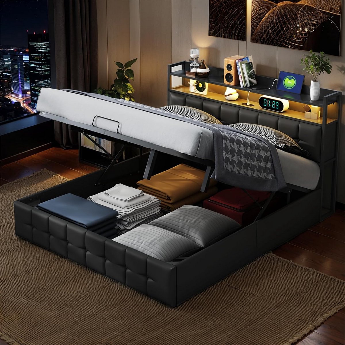 Tweepersoons Bed 140 x 200 cm met Opbergruimte, LED Verlichting en USB Oplader