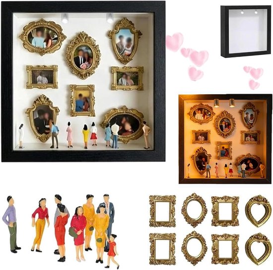 Cadre photo boîte d'ombre 3D DIY noir avec LED - 25,5x25,5 cm - cadre d'affichage de table - Set complet avec 8 petits personnages miniatures et 8 petits cadres dorés - Style baroque - Personnalisable Cadeau Saint-Valentin - Boîte à souvenirs