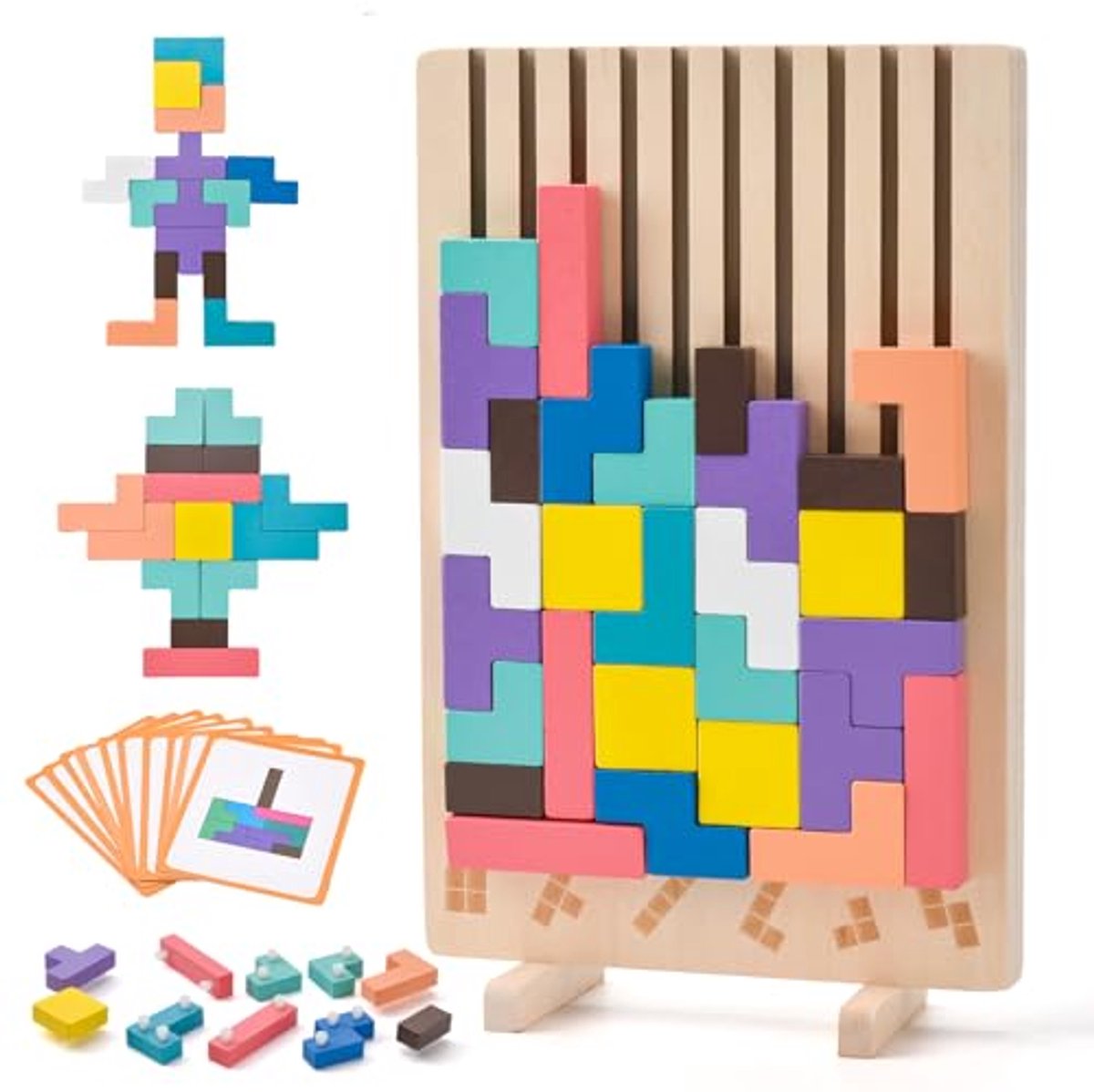 Houten puzzel educatief speelgoed voor kinderen, houten stapelpuzzel, 3D kleurrijke blokken met houder, Montessori leerspeelgoed voor kinderen van 3, 4, 5 en 6 jaar, cadeau voor jongens en meisjes