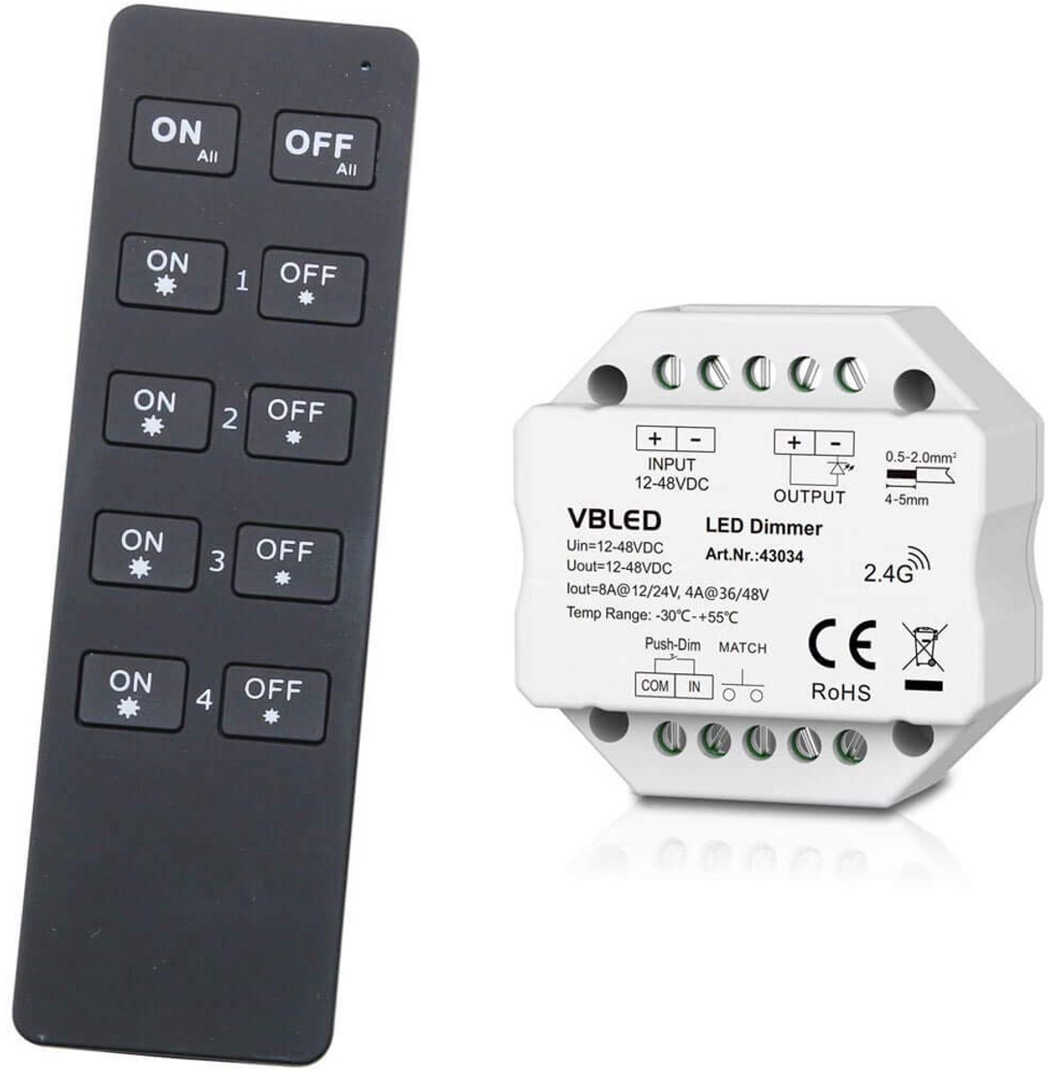 Draadloze Dimmer Set voor 12-48V DC LED Verlichting met Afstandsbediening