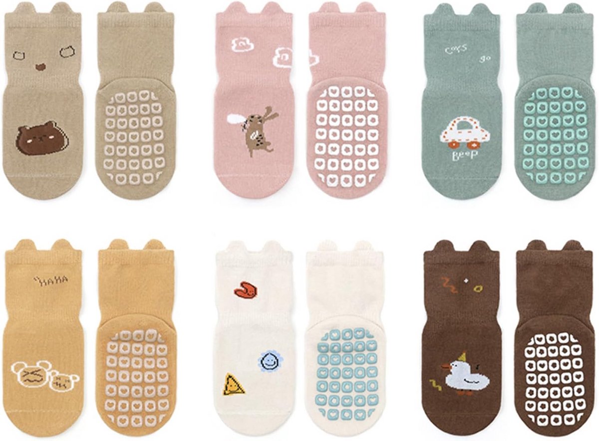 6 Paar Antislip Babysokken voor Jongens en Meisjes - Zachte Katoenen Peutersokken met Grip