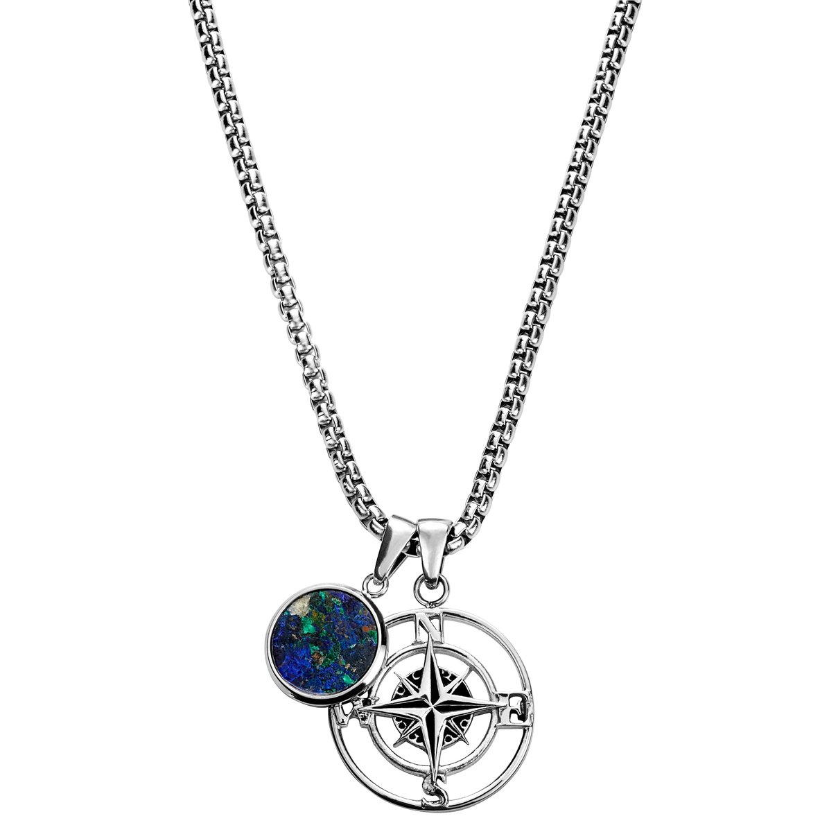 Atlas | Zilverkleurige Hangerketting met Azuurmalachiet en Kompas