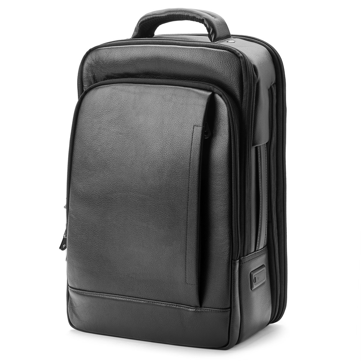 Zwarte Leren Professionele Laptop Rugzak met Oplaadpoort