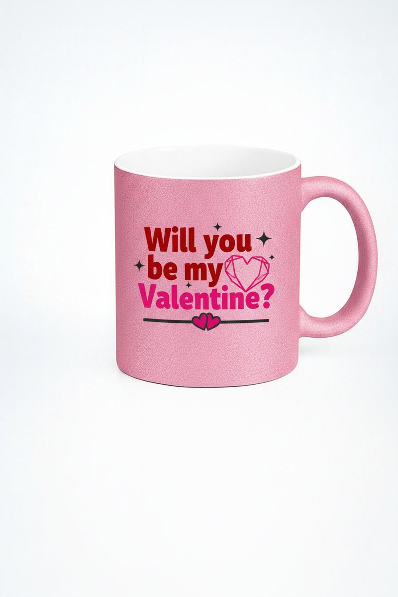 Roze Glitter Valentijn Mok - 'Will You Be My Valentine?' Koffie & Thee Cadeau Mok