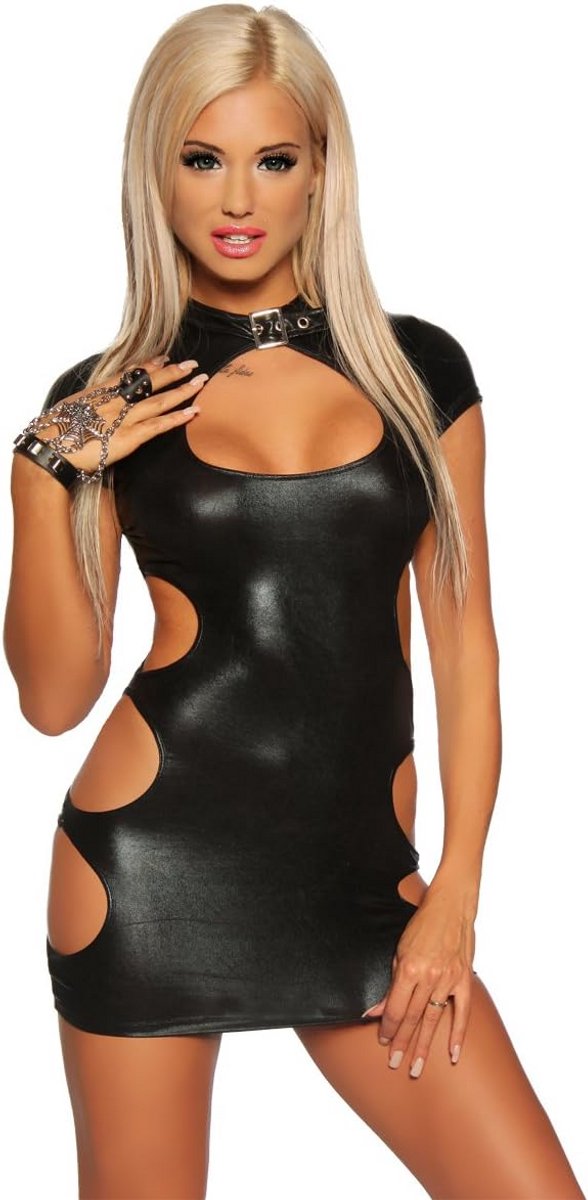 Verleidelijke Zwarte Wetlook Mini Jurk met Cut-outs