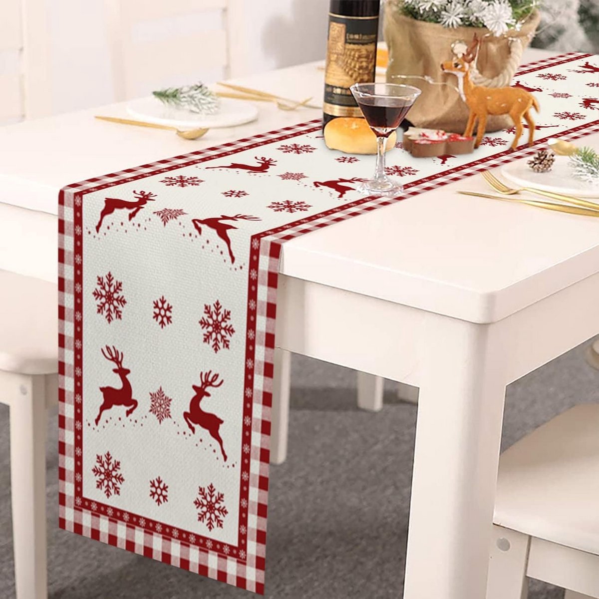 Kerst Tafelloper Rood Geruit met Sneeuwvlokken voor Winterdecoratie