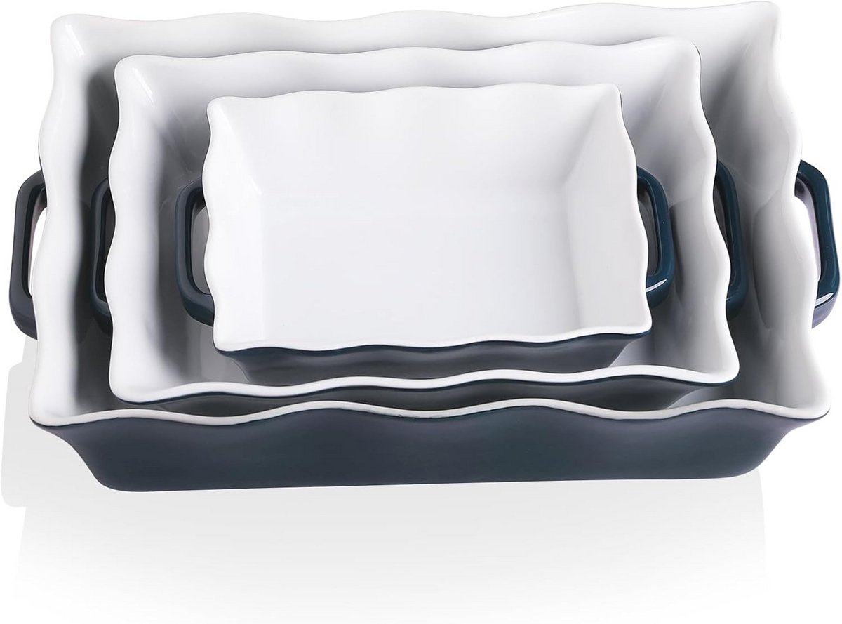 Set van 3 Keramische Braadschalen Rechthoekig met Handvatten voor Oven en Lasagne