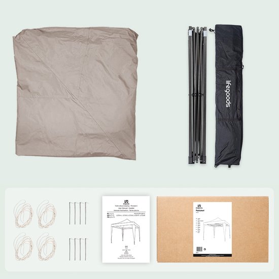 Gevouwen beige partytent, frame, draagtas, touwen, haringen, handleiding en doos.