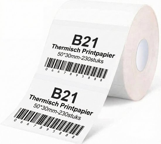 Een rol thermisch printpapier met het opschrift "B21 Thermisch Printpapier 50*30mm-230 stuks" en een streepjescode.