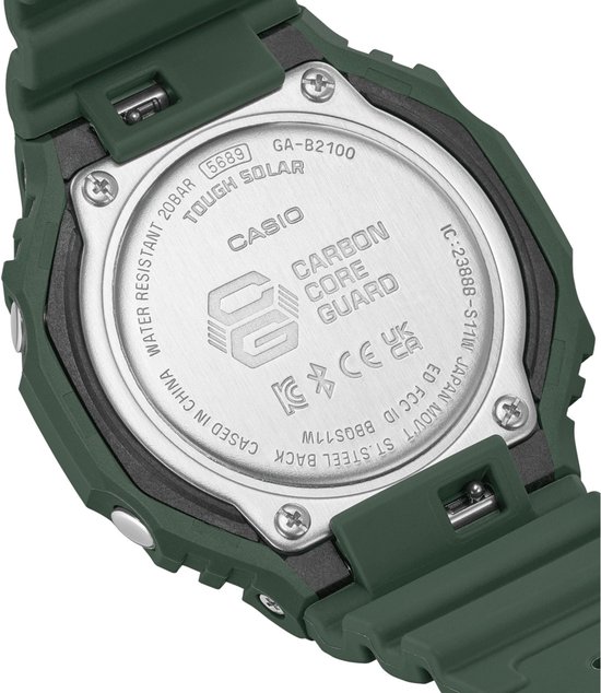 Groen G-Shock horloge GA-B2100, achterkant met info.
