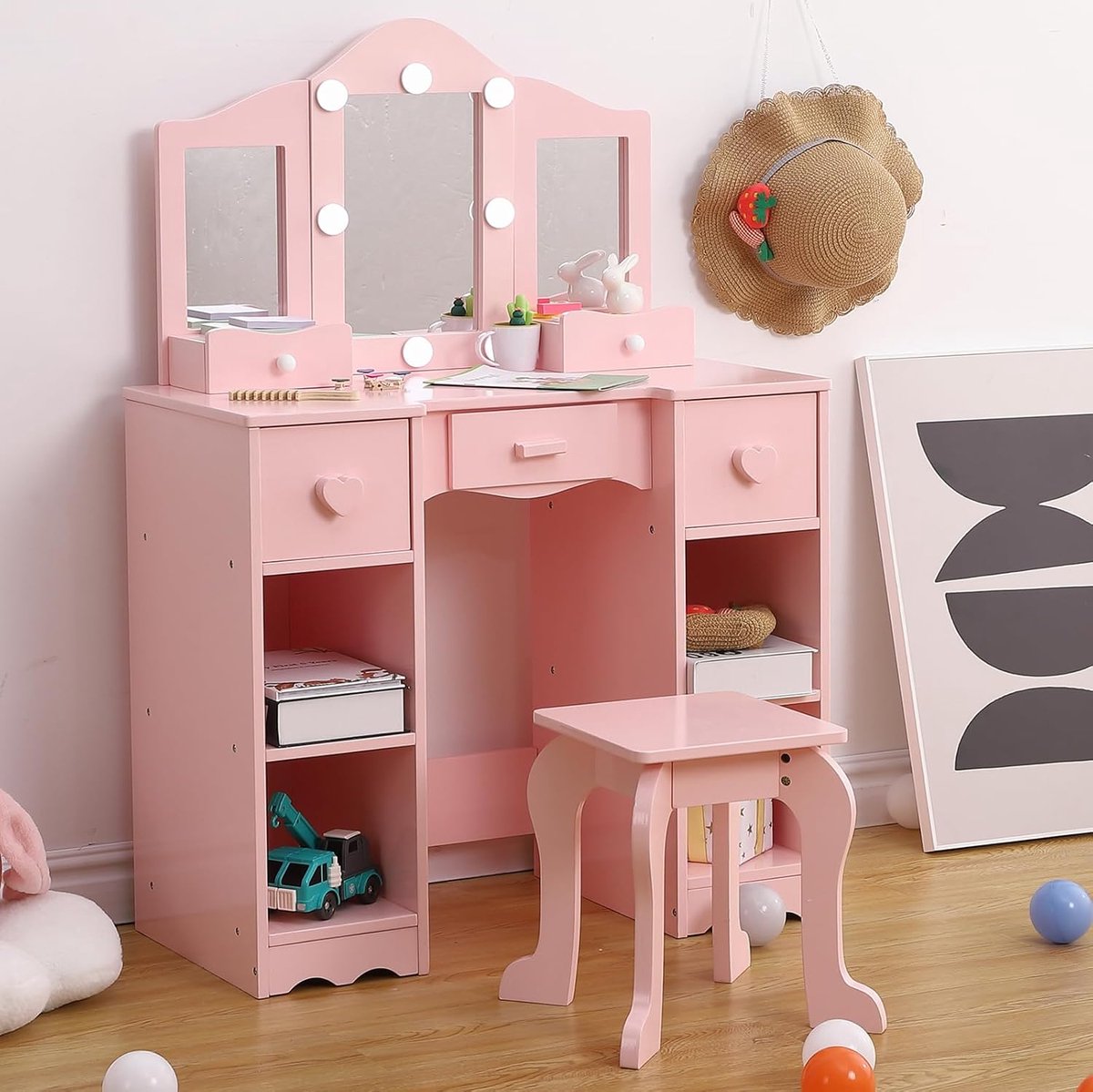 Kinder Kaptafel met Drievoudige Spiegel & Licht - Houten Prinsessen Kaptafel met Krukje, Lade & Opbergvakken, 2‑in‑1 Speel‑ en Schrijftafel voor Meisjes - Roze