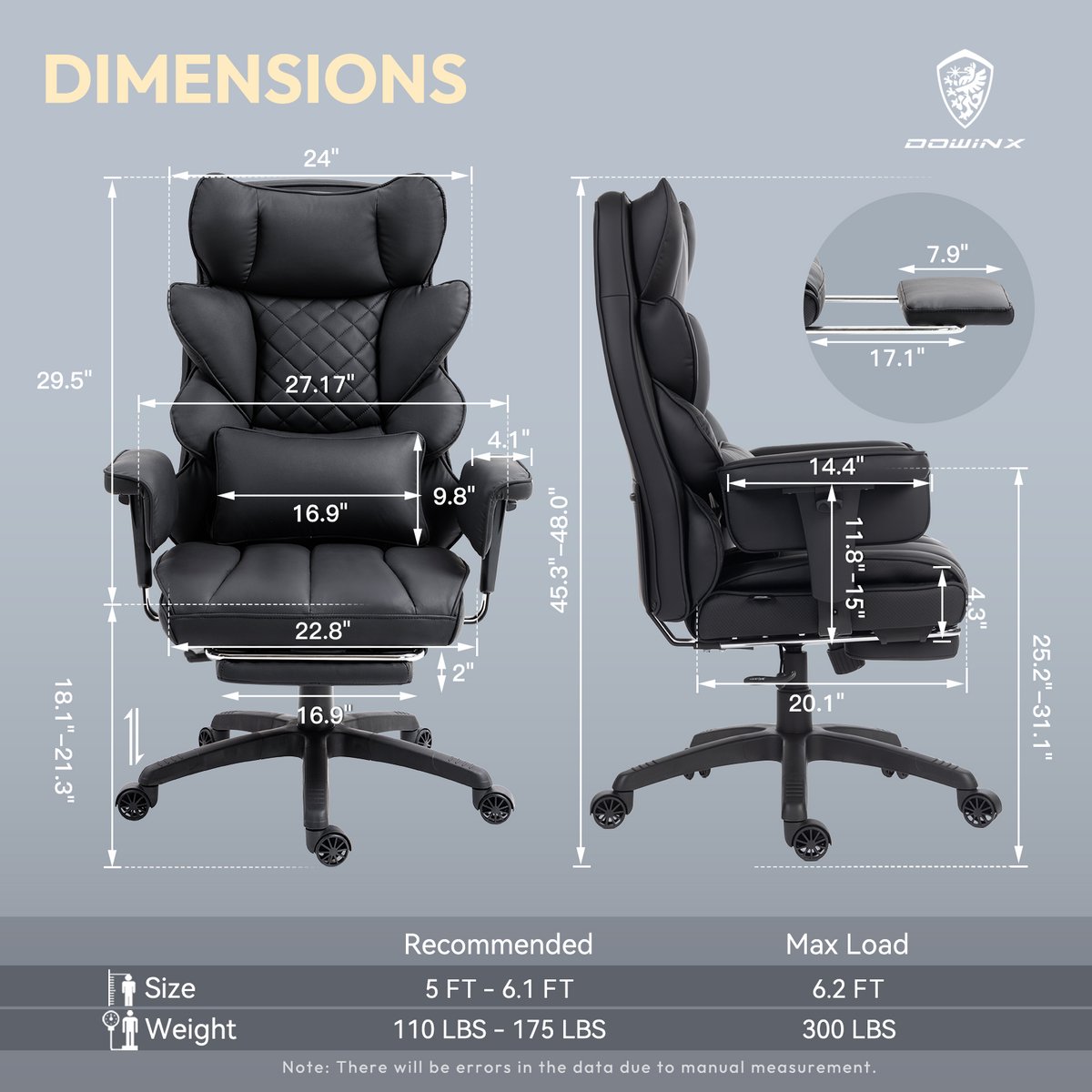 Dowinx Ergonomische Bureaustoel / Gamingstoel – Pocketveren Zitkussen – Dubbel gevoerde Rugleuning & Verstelbaar Lendenkussen – Met Armleuningen en Voetensteun – PU-leer – Zwart – foto 5