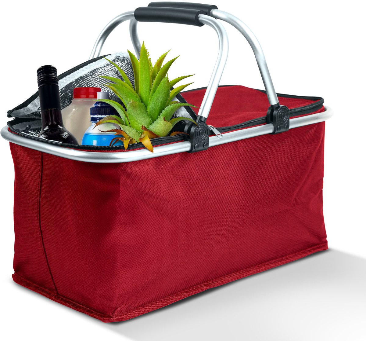 Thermo Opvouwbare Picknickmand Met Koelvoering – Rood – 49 × 28 × 25 cm – 21 Liter – Geïsoleerde Boodschappenmand Met Ritssluiting En Zachte Handgrepen [11549C]