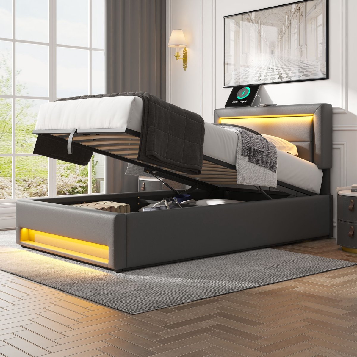 REDOM Opbergbed met Draadloos Laden – 90x190 cm – LED-verlichting – Met USB – PU – Grijs – Modern Design