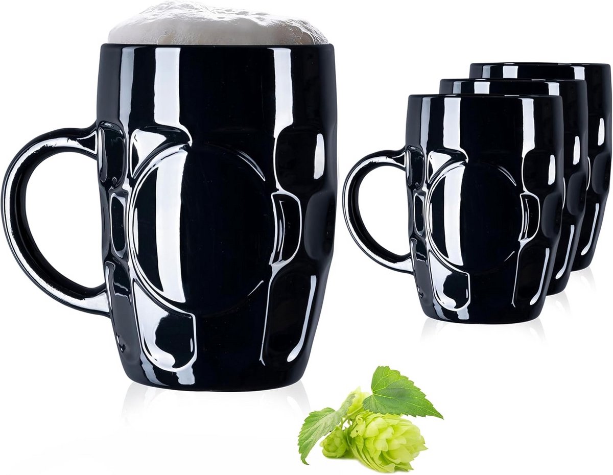 Set van 4 Bierglazen met Hendel 500ml - Stevig Glas met Ornamenten Patroon