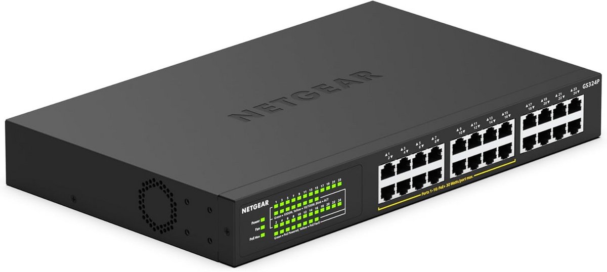 24-Poorts Gigabit PoE+ Switch met 16x PoE+ (190W) - Plug & Play LAN voor Desktop of Rack