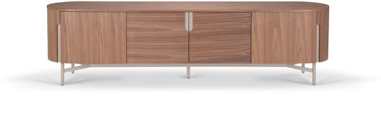 Walnoot dressoir met afgeronde hoeken en vier deuren, staand op metalen poten.