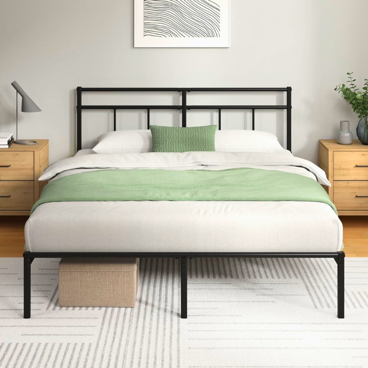 BOG Elias Bed 140 X 200 Cm - Hoogte 30 Cm - Metalen Bedframe Met Hoofdeinde - Metalen Lattenbodem - Geen Boxspring Nodig - Vrije Ruimte Onder Het Bed - Modern Design - Zwart