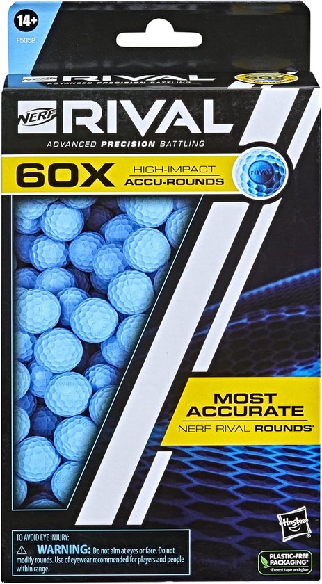 Een doos van 60 Nerf Rival blauwe ballen met de tekst 'HIGH-IMPACT ACCU-ROUNDS'.
