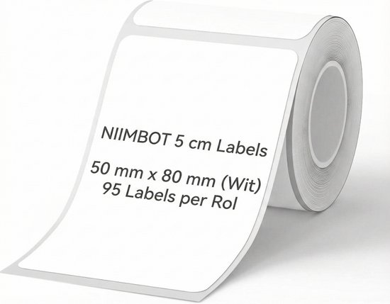 Rol met witte NIIMBOT thermische labels, 50 mm x 80 mm, 95 labels per rol.