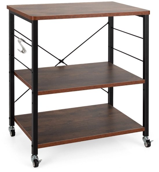 Bruin keukentrolleyrek met 3 etages, zwarte metalen frame, 2 s-haken aan de zijkant en wieltjes.