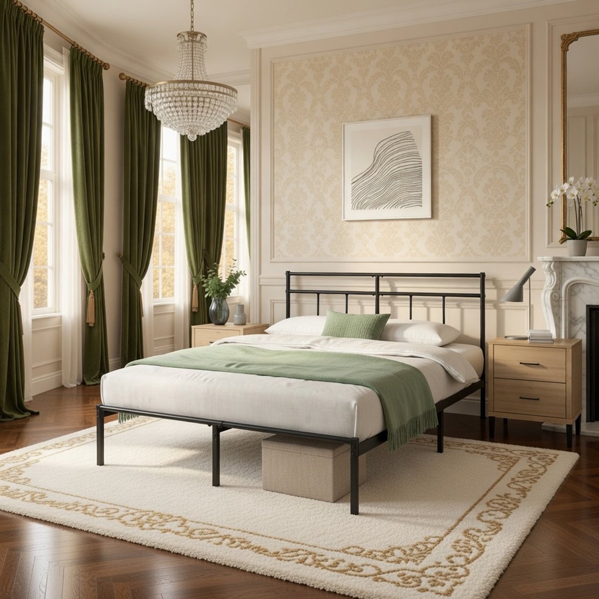 Vintage Stalen Bed Elias 140x200 cm - Met Lattenbodem, Zwart Met Hoog Hoofdeinde - Eenvoudig te Monteren, 30 cm Opbergruimte Onder Het Bed - Robuust Slaapkamer, Piepbestendig en Stijlvol Meubel Casa Serena