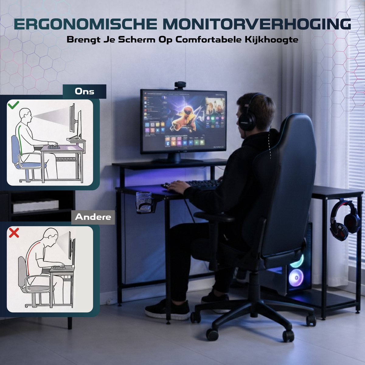 ADSafety L-Vormig Hoekbureau - 107x80x76 cm - Game Bureau met LED verlichting - Zwart Carbon - Gaming Bureau - Bureautafel - Computertafel thumbnail 7