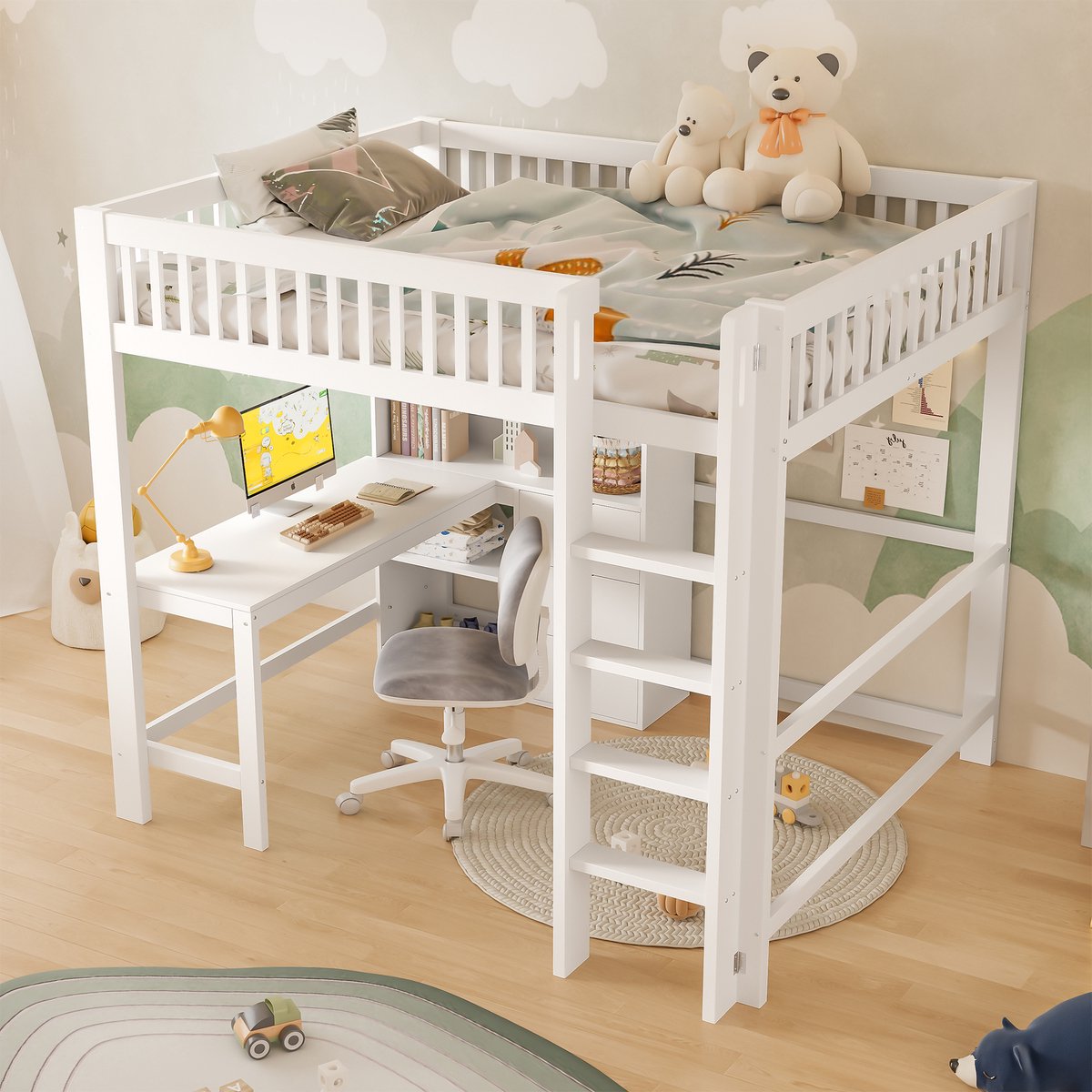 HAUSS SPOLE Hoogslaper 140x200cm - Met Bureau Met Lades En Vakken - Met Ladder En Veiligheidshek - Zonder Matras - Hout En MDF - Wit