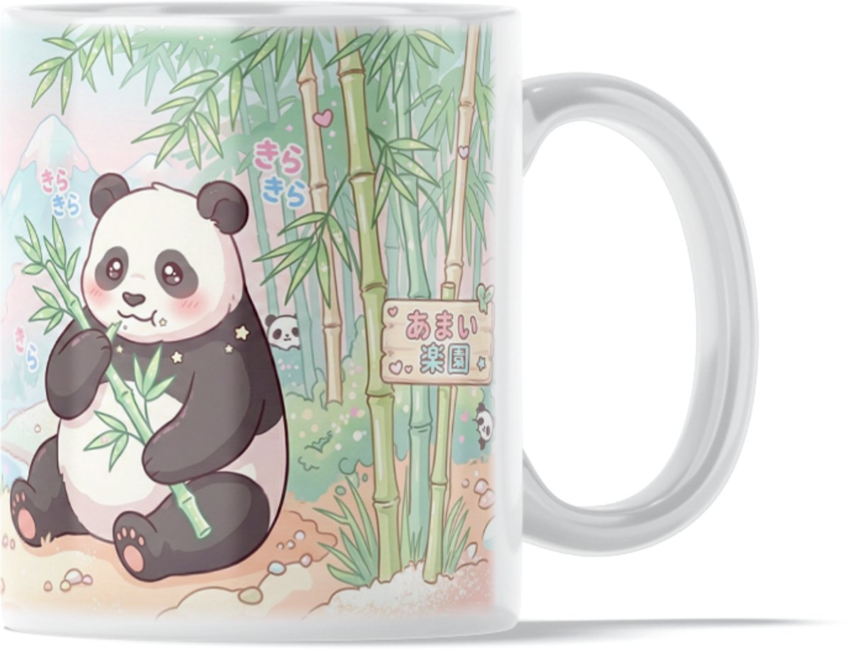 Kawaii Panda Mok - Schattige Panda Beer met Bamboe Cadeau voor haar: Vrouw, Vriendin of Collega - Zen Natuur Illustratie Drinkbeker - Pastel Groen Bos Thema - Rustgevend Kantoor Cadeautje - Lieve Beer voor Thee en Koffie