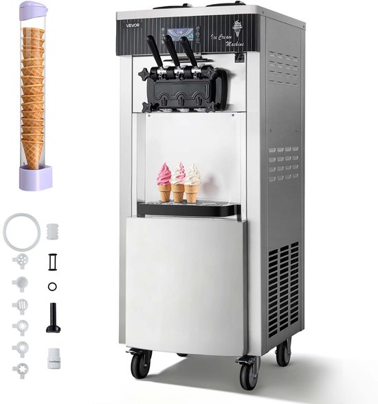 VEVOR Commerciële Softijsmachine 2200 W, Vrijstaande Ijsmachine met Een Productiecapaciteit van 20-28 L/U, met 3 Smaken en 2 Containers (6 L), voorkoeling en Zelfreiniging voor Snack- en Dessertwinkels.