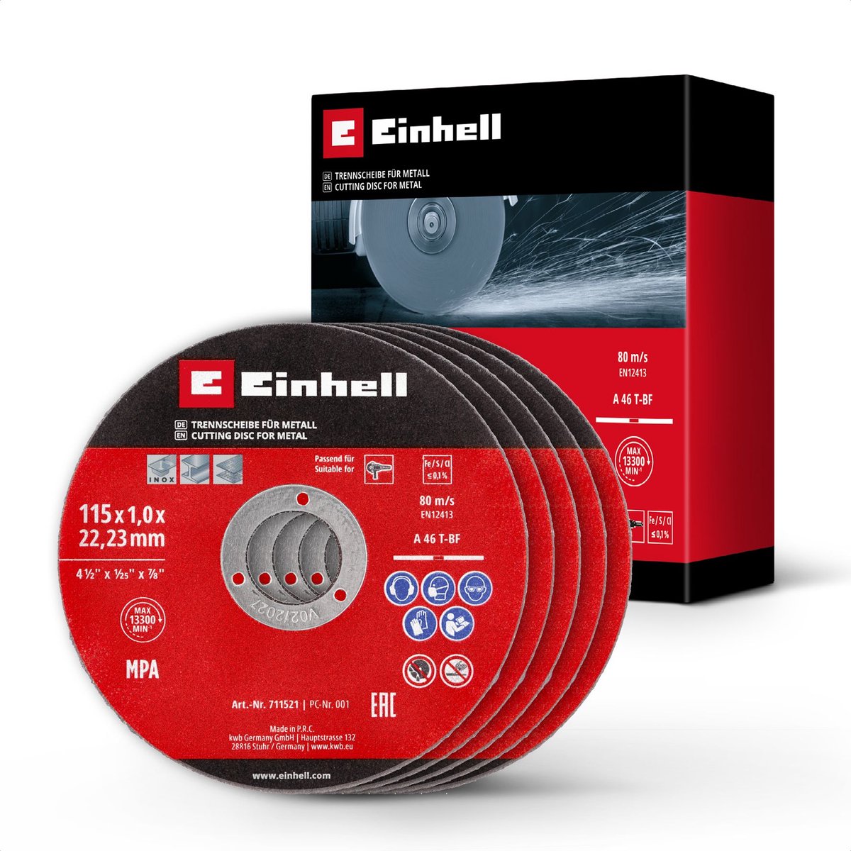 Einhell 5-delige set dunne slijpschijven voor metaal, Ø 115 mm (1 mm dikte, MPA-gecertificeerd, lange levensduur, nauwkeurige, braamvrije sneden, voor haakse slijpers)