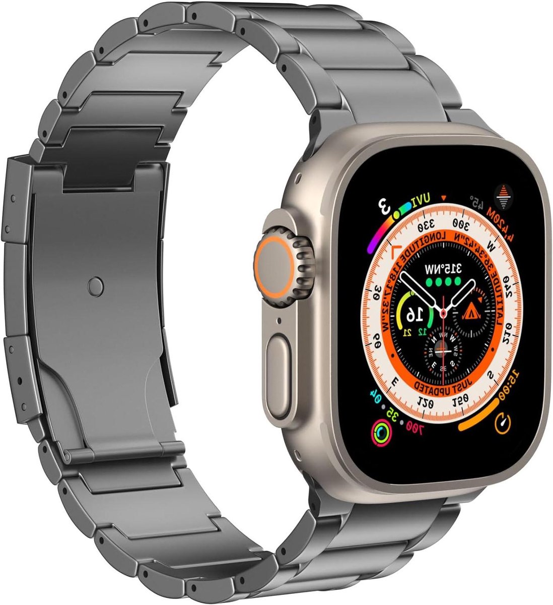 Band geschikt voor Apple Watch 49mm 46mm 45mm 44mm 42mm - Titanium Band met Vouwsluiting - Compatibel met Series 10, 9, 8, 7, 6, 5, 4, 3, 2, 1