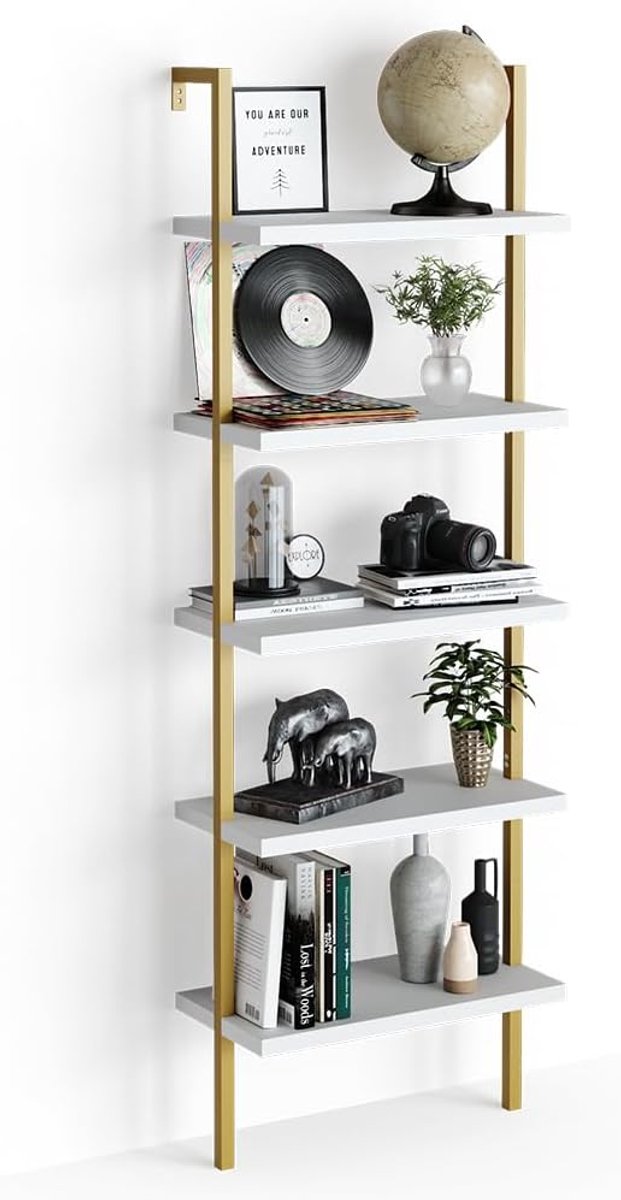 Ladderrek Wit 60x183 cm – Casa Velluto LoftLine Ava Modern – Boekenkast met 5 Open Planken – Wandrek met Metaal Frame – Smalle Staande Kast voor Woonkamer, Slaapkamer & Kantoor