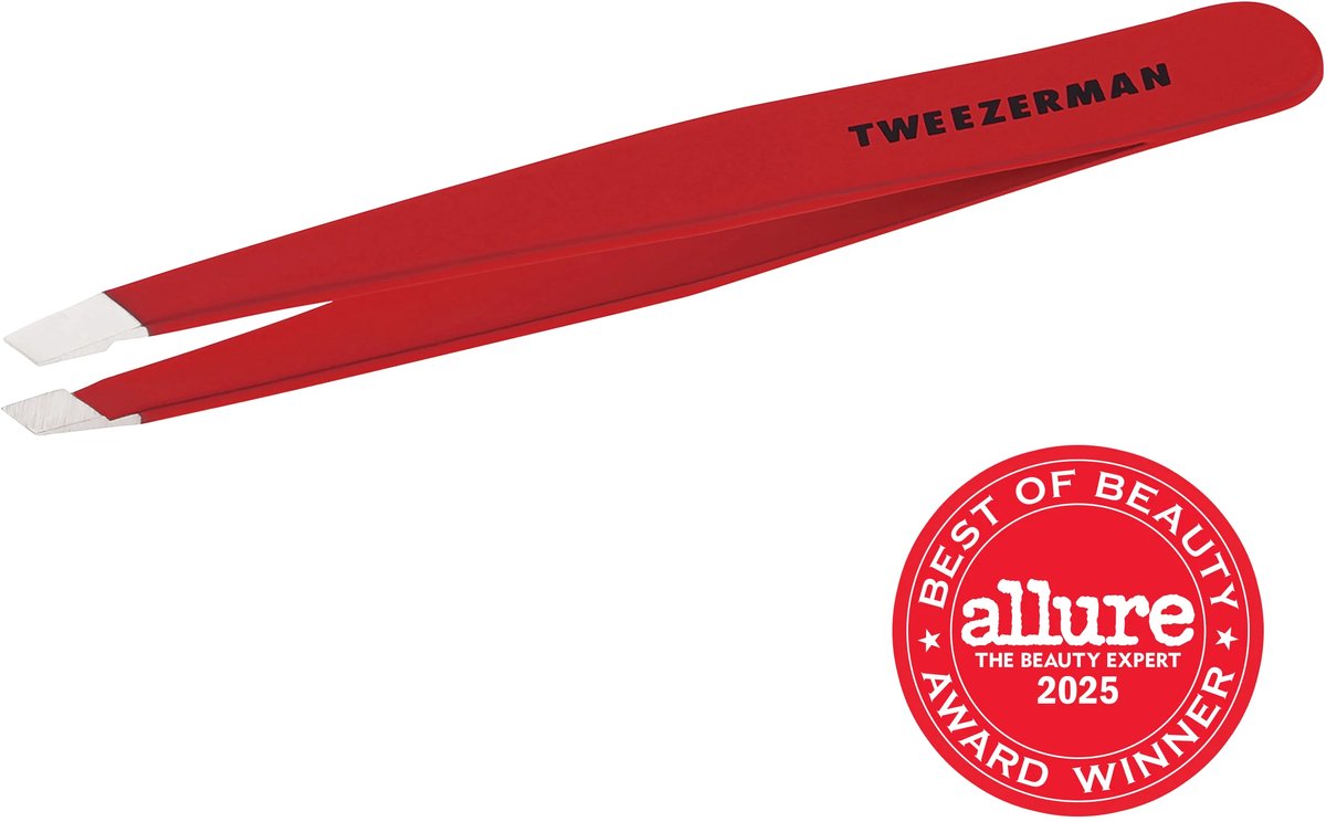 Tweezerman Slant Tweezer Signature Red – Wenkbrauw Pincet - Professioneel Precisie Pincet Met Schuine Punt – Voor Epileren En Haartjes Verwijderen – Roestvrij Staal – Geschikt Voor Fijne En Stugge Haren – Rood - Epileer Pincet Voor Wenkbrauwen