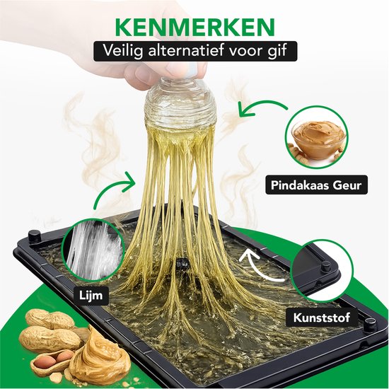 Close-up van een lijmval met pindakaas als lokaas. Pindakaas en pinda's worden getoond. De tekst is 'Veilig alternatief voor gif', 'Lijm', 'Kunststof' en 'Pindakaas geur'.