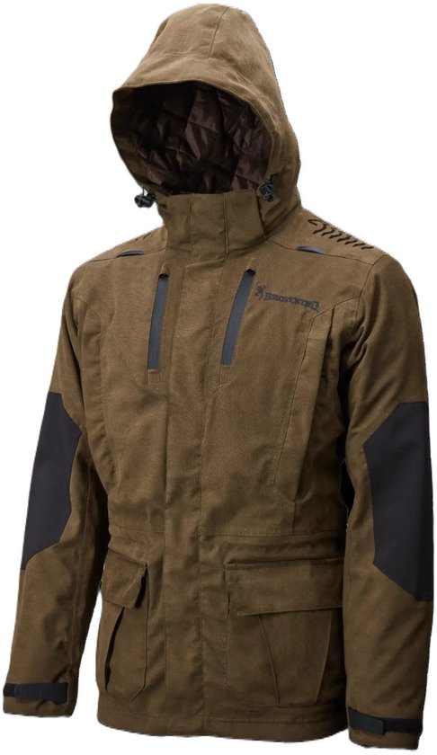 Donkergroene jas met capuchon, capuchon met trekkoord, en zwarte accenten op de schouders.