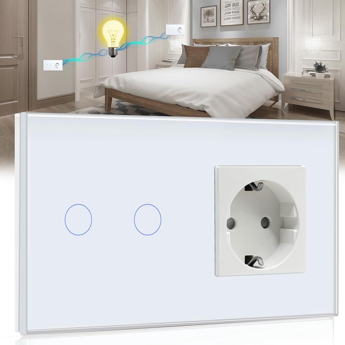 Touch Lichtschakelaar met Schuko Stopcontact en LED Indicator - Zwart/Wit Glas