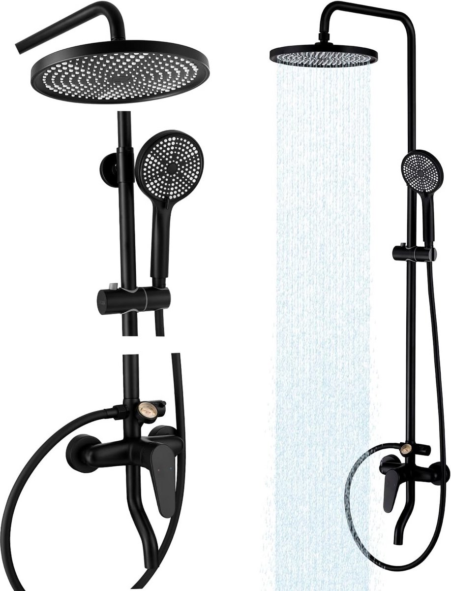 Matzwarte Buitendouche Set 3 Functies met Regendouchekop en Thermometer