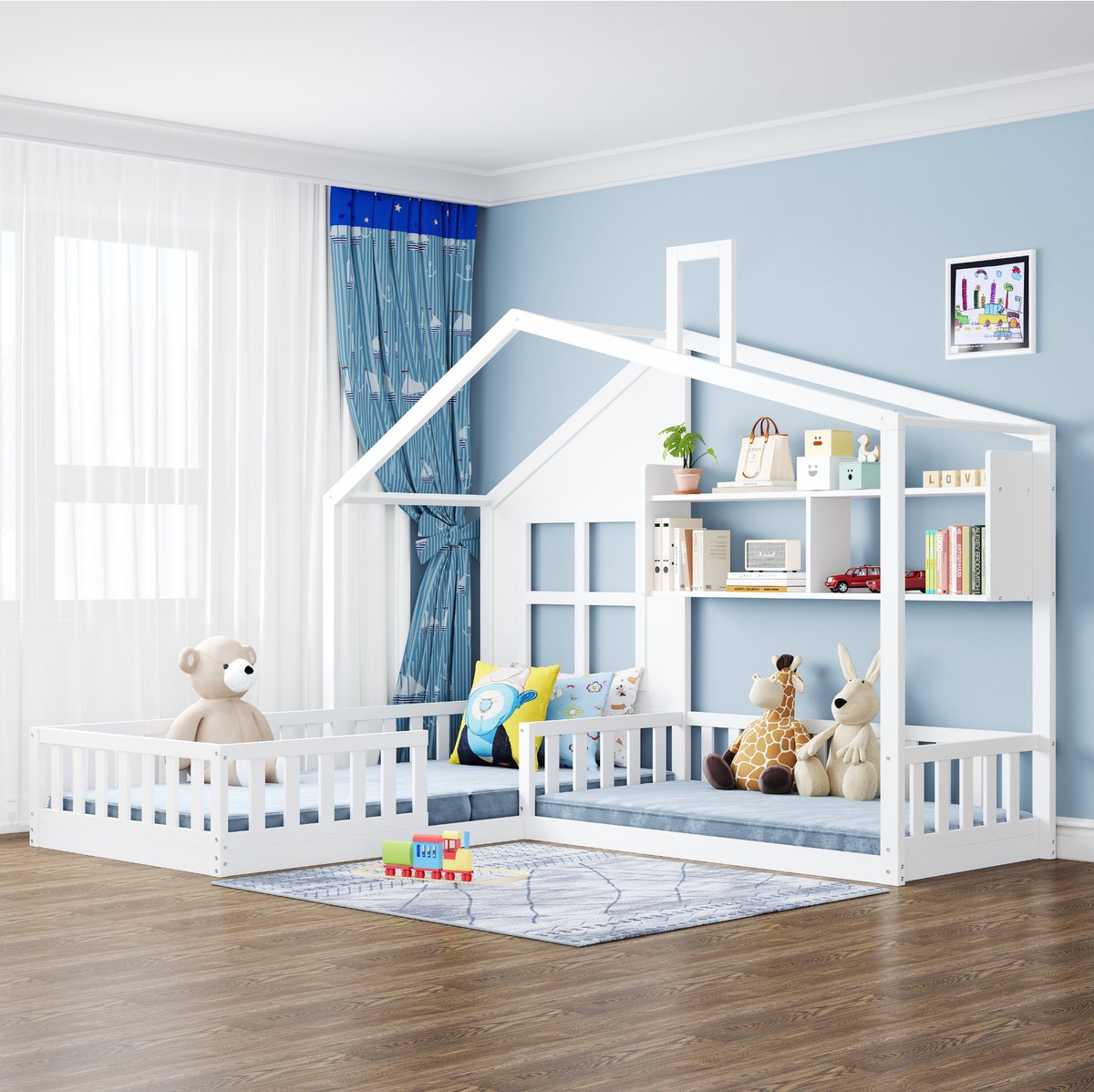 HAUSS SPOLE Kinderbed 90x200 cm - Huisvorm Met Raam En Schoorsteen, Met Veiligheidshek En Planken - Vloerbed Met Lattenbodem - Massief Hout - Wit - Zonder matras